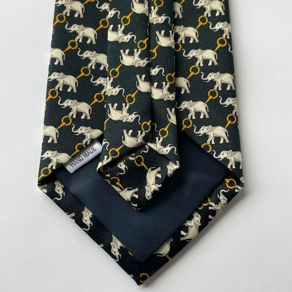 Rene Chagal Black Elephant Print Hand‎ Made 100% Silk Neck Tie Novelty Neckwear